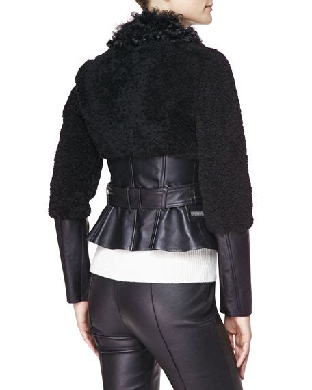 Burberry London Fitted Leather & Shearling Fur Biker Jacket